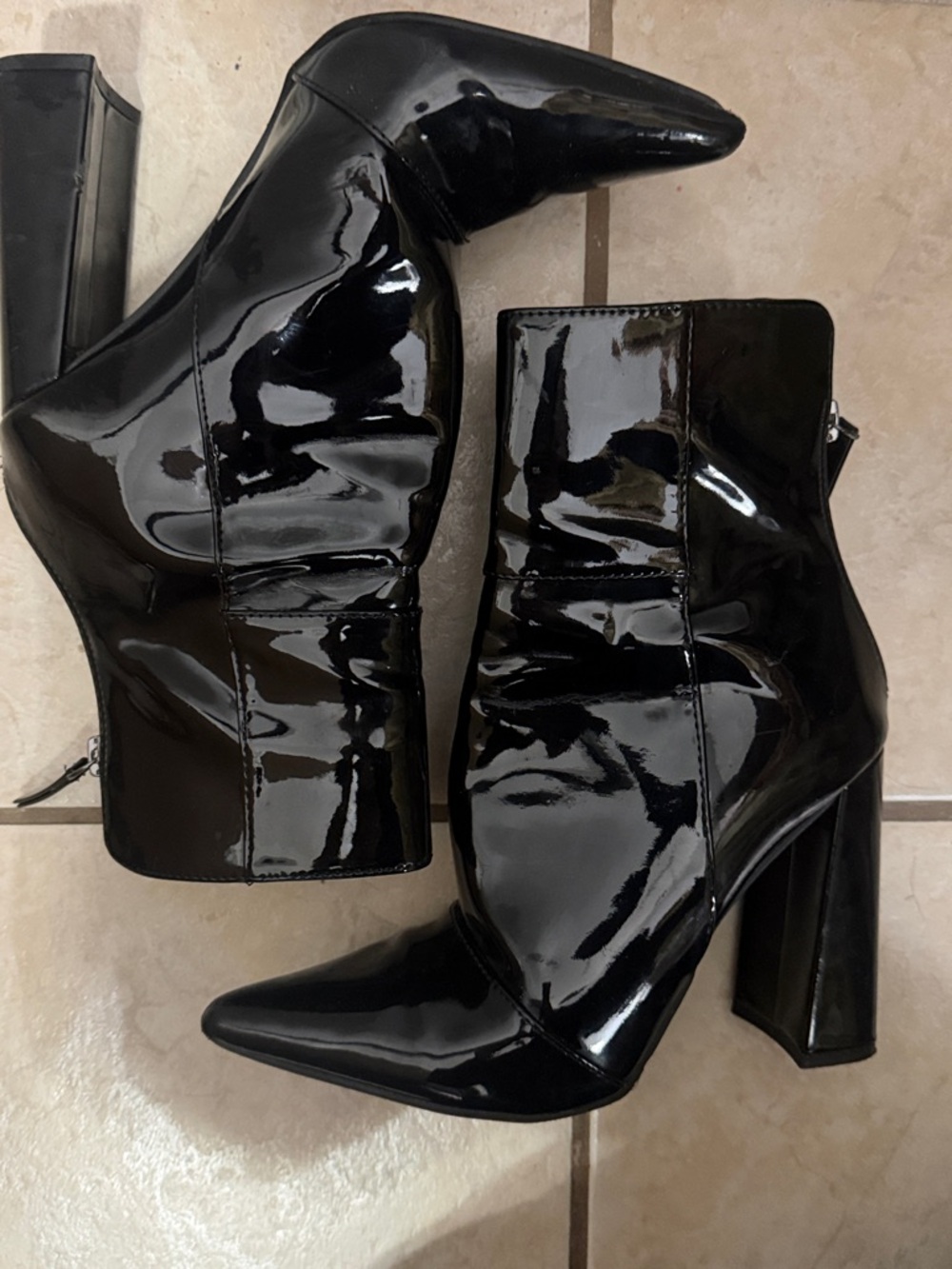 Black Patent Pointed-Toe Block Heel Ankle Boots
